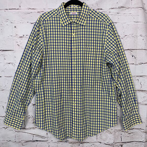 IZOD Men's Highlighter Butter Yellow Blue Check Plaid Button Down Shirt 17 34/35 - Picture 1 of 7